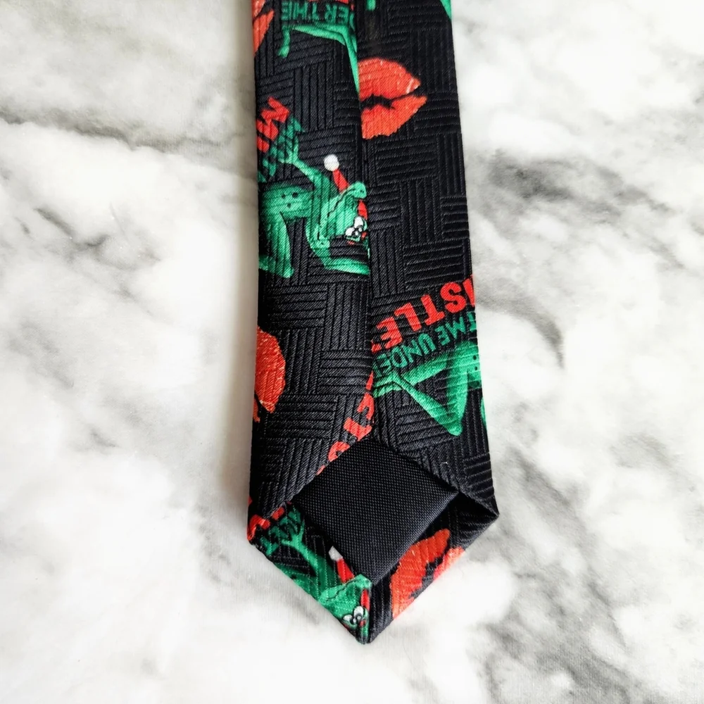 Christmas Holiday Tie With Frogs, Lips, And Mistletoe, Black, Red, & Green